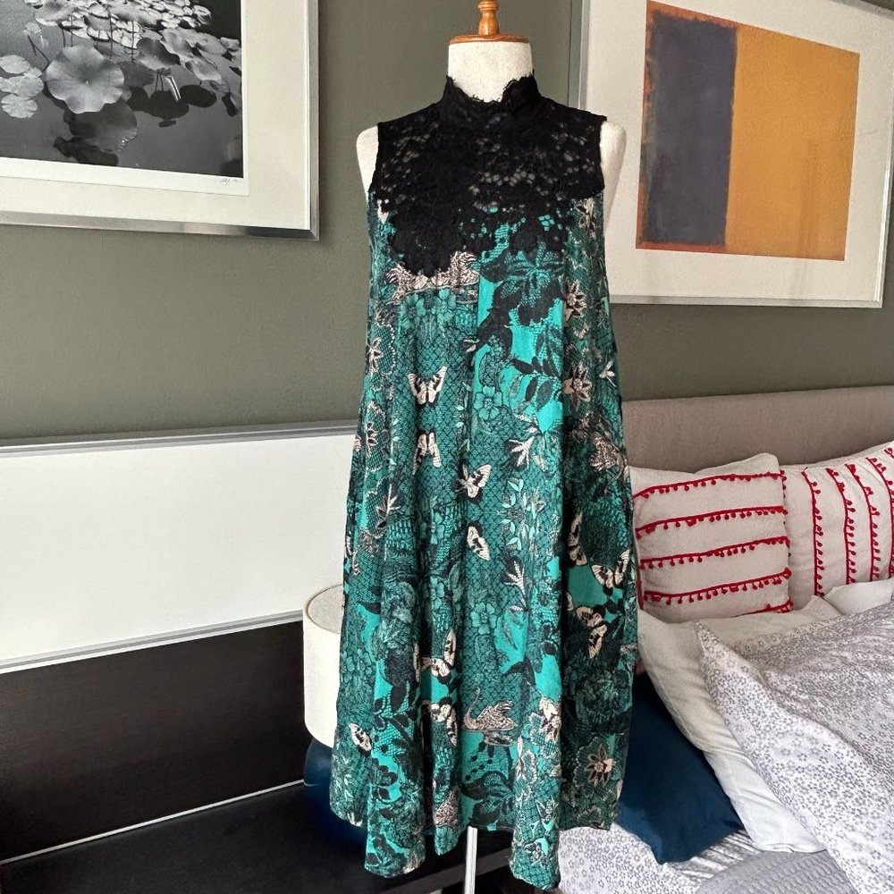 Maeve Anthropologie Black Lace and Blue Green Sleeveless Dress SMALL    - 1D1265